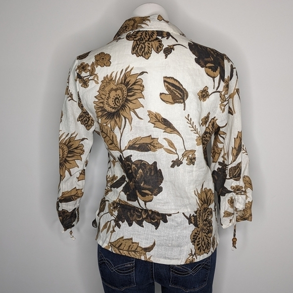David Brooks white tan floral & foliage linen 3/4 sleeve button up M - Picture 5 of 7